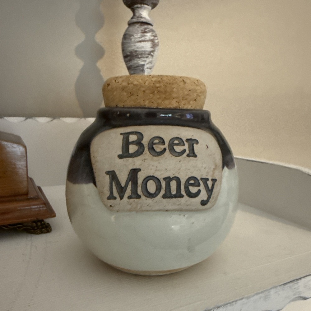 Beer Money Cork Jar Ceramic Coin Bank Bar Decor Rustic Man Cave Pottery